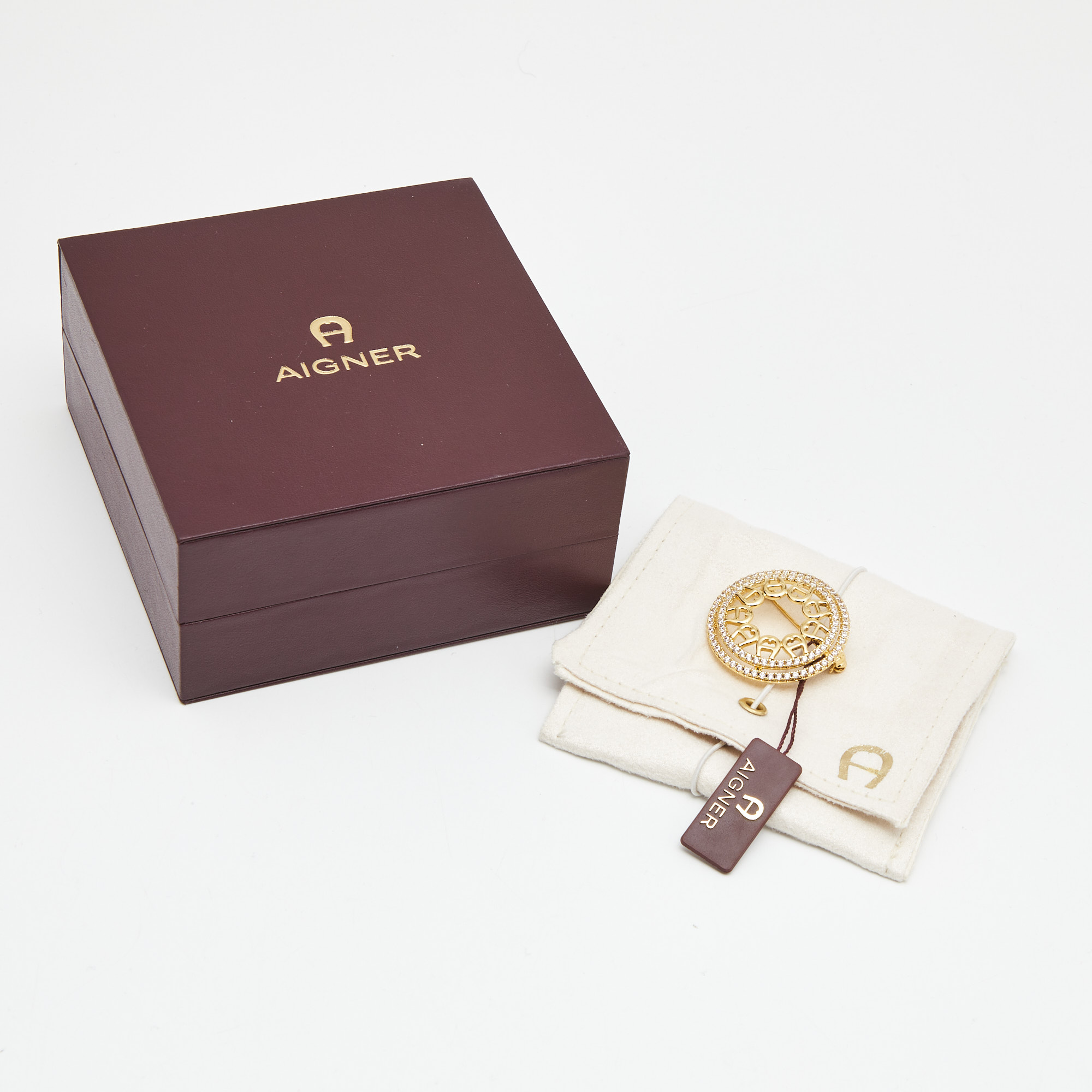 Aigner Logo Crystal Gold Tone Brooch