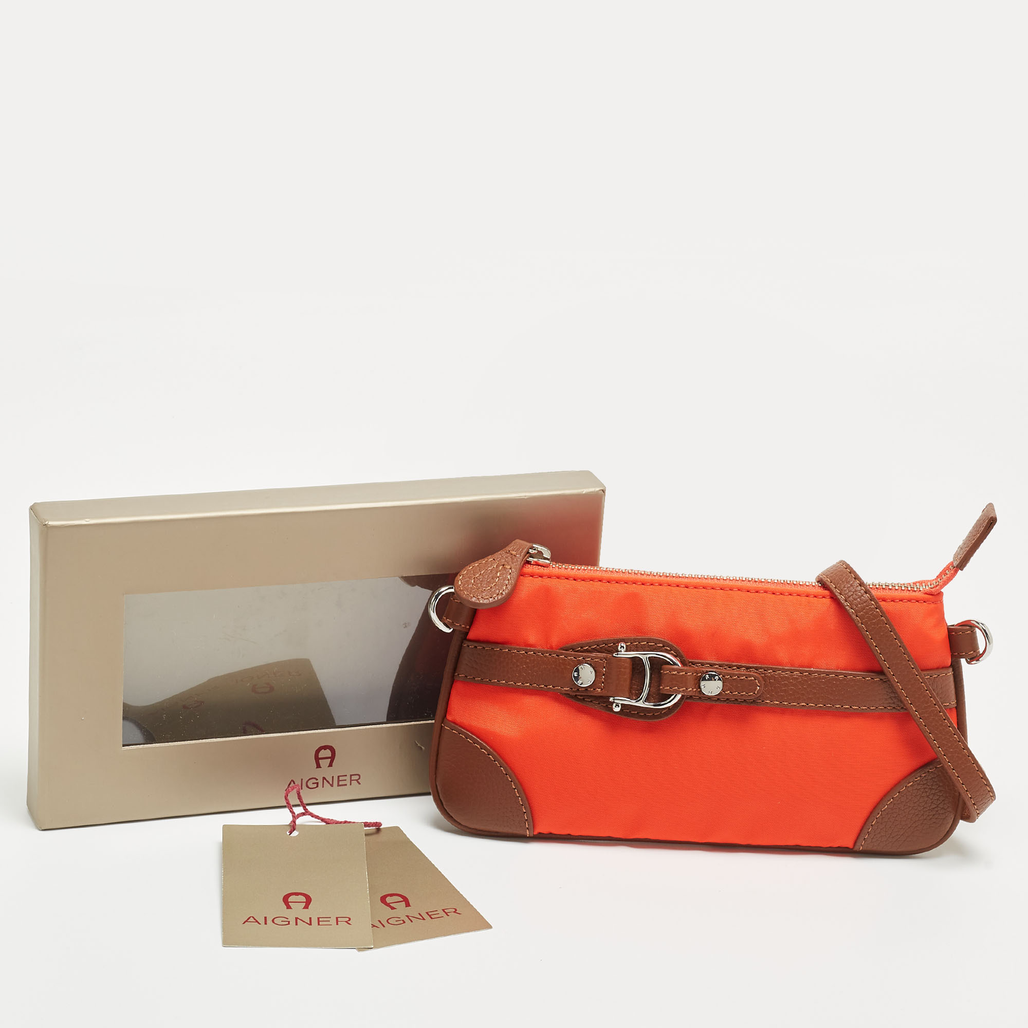 Aigner Orange/Tan Nylon And Leather Buckle Baguette Bag