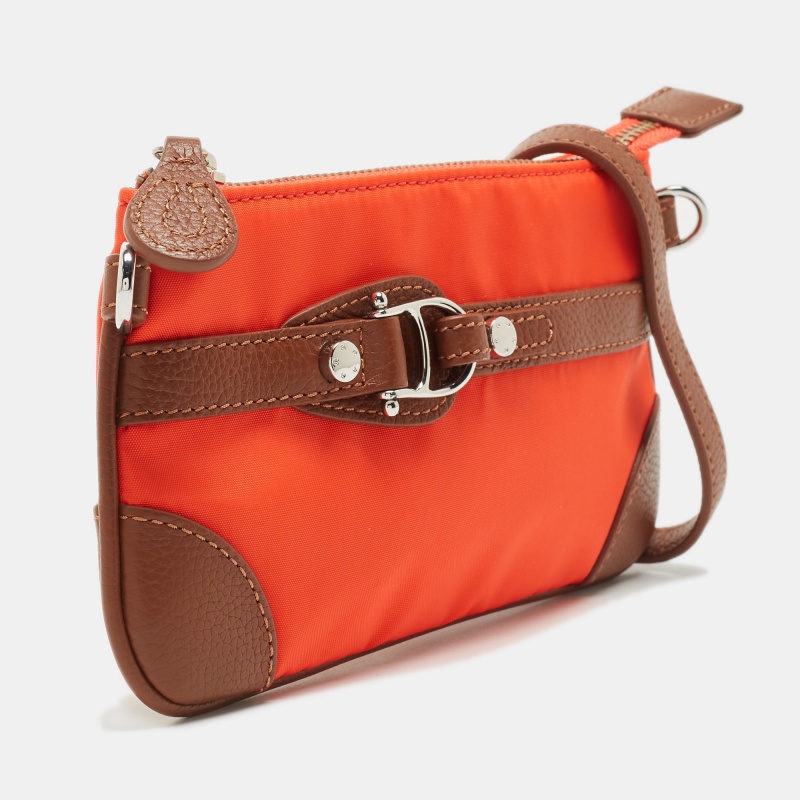 Aigner Orange/Tan Nylon And Leather Buckle Baguette Bag