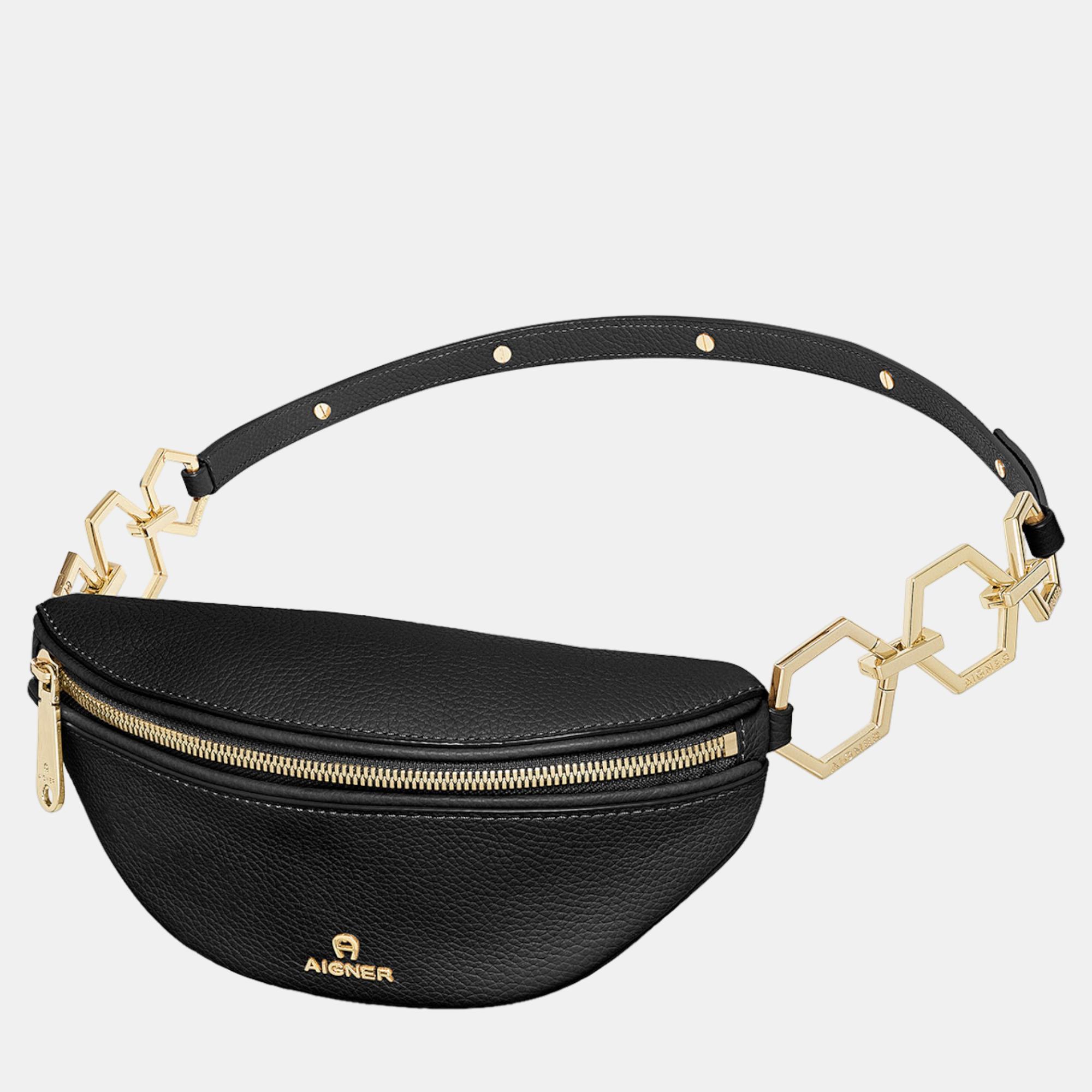 Aigner Black Shiny Light Gold Metal Serena Black Belt Bag S