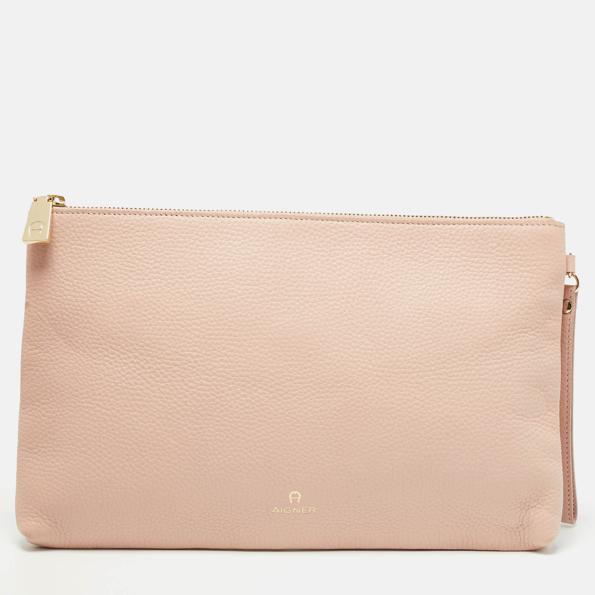 Aigner light pink leather zip flat pouch