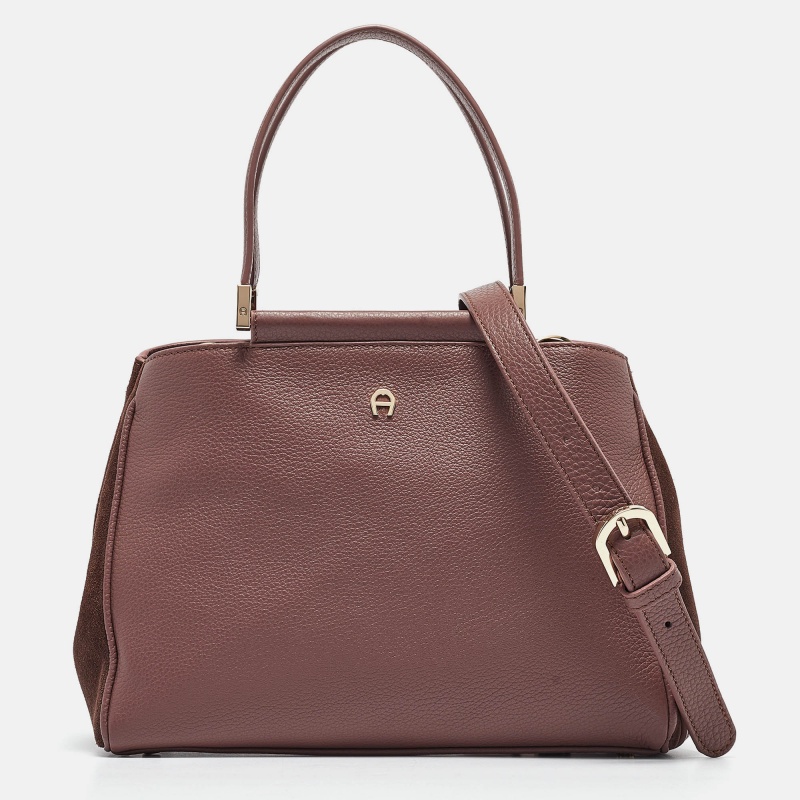 Aigner old rose/brown leather and suede top handle bag