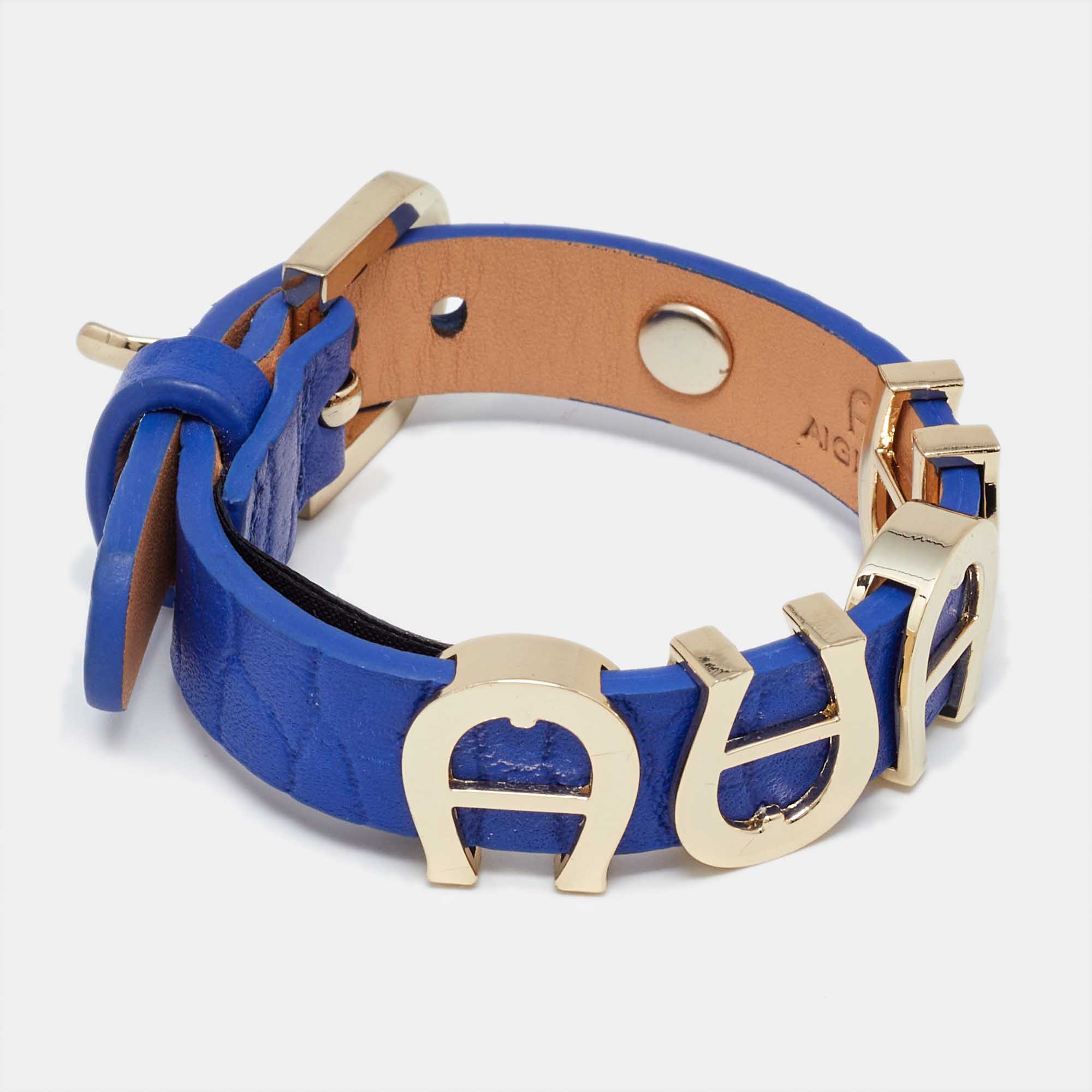 Aigner Blue Leather Gold Tone Logo Wrap Bracelet