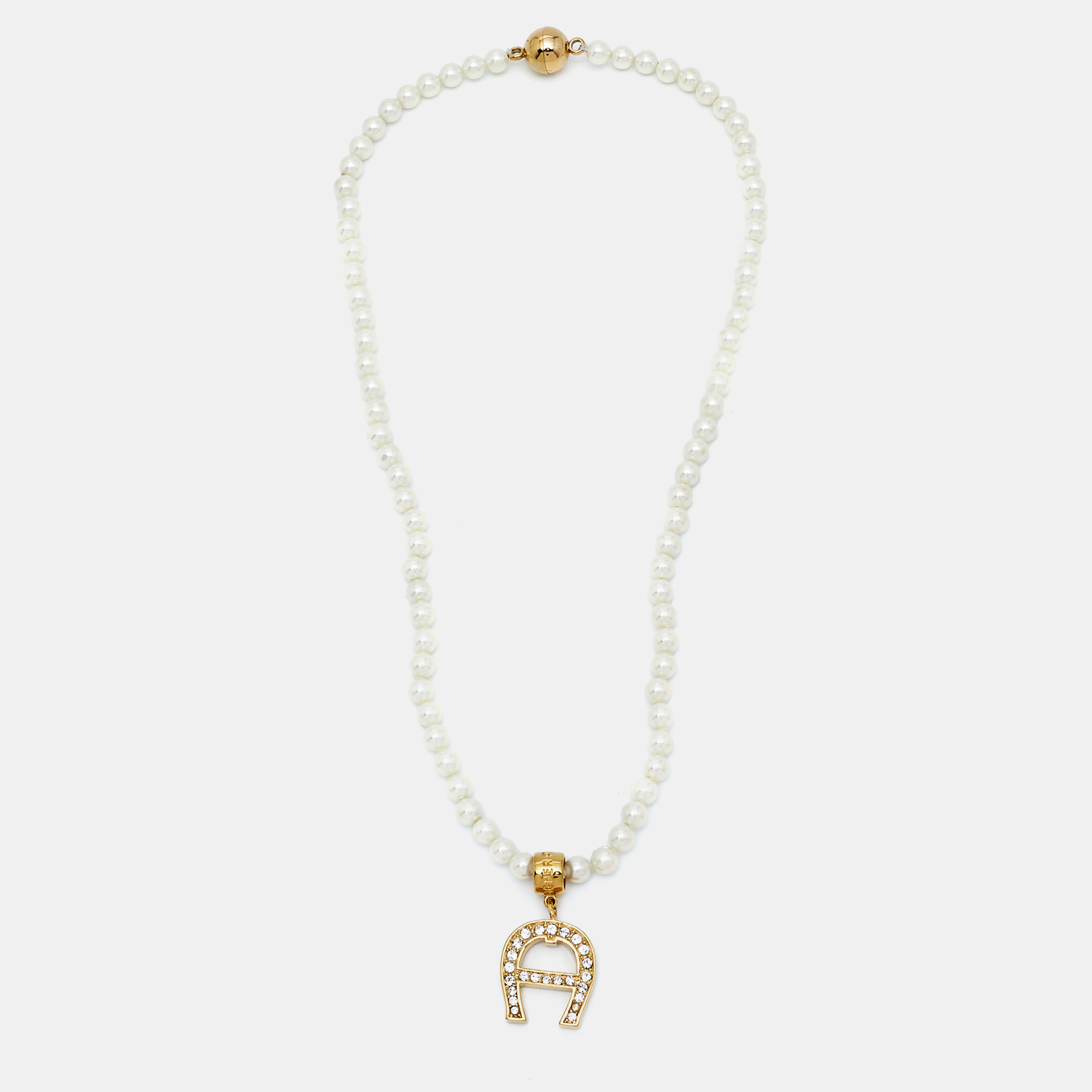 Aigner Logo Faux Pearl Crystal Gold Tone Necklace