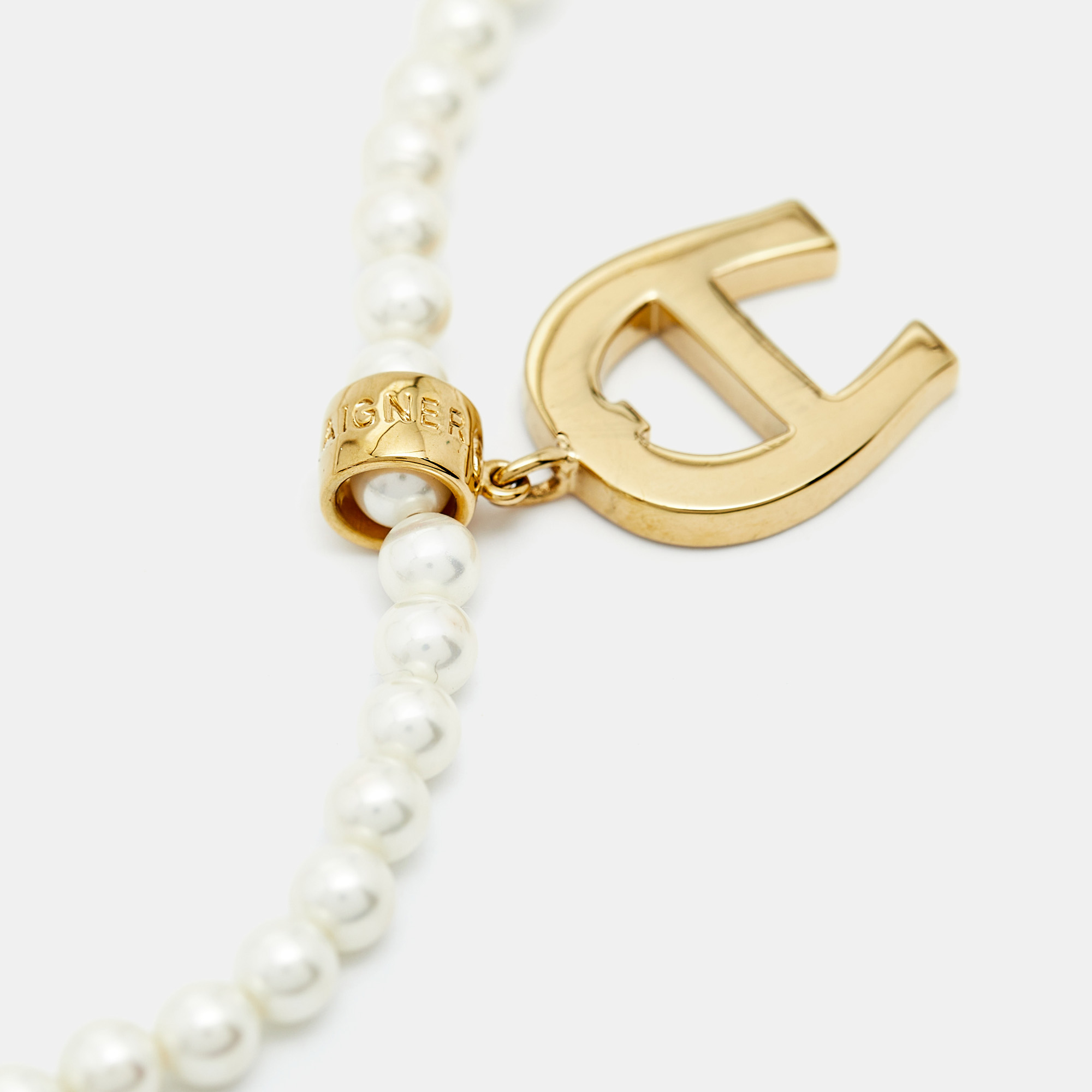 Aigner Logo Faux Pearl Crystal Gold Tone Necklace