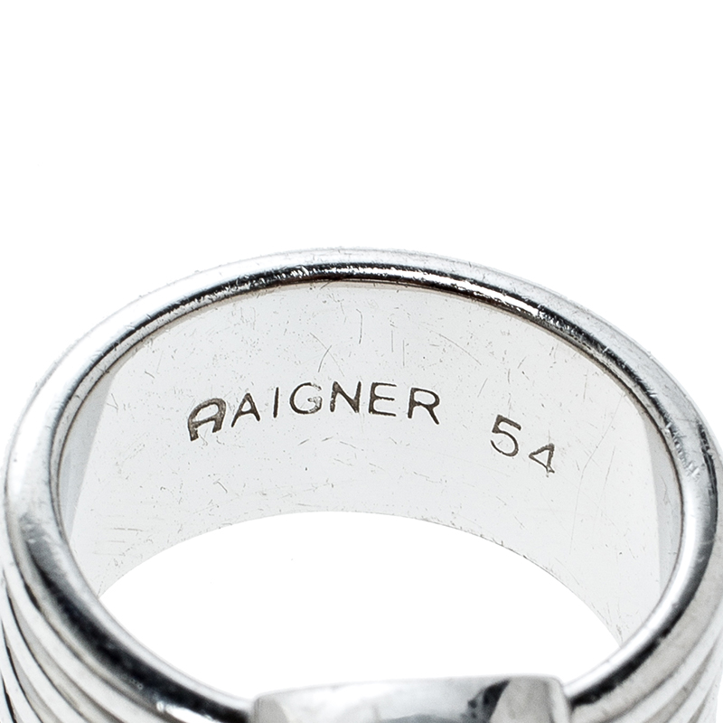 Aigner Crystal Silver Tone Band Ring Size 54