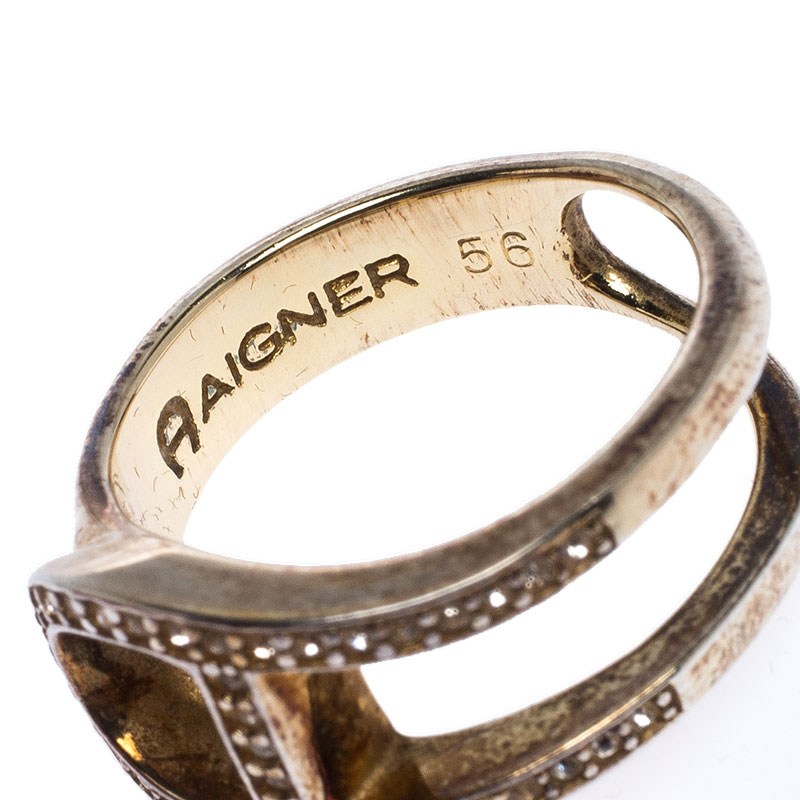 Aigner Gold Tone Crystal Embellished Ring Size 56