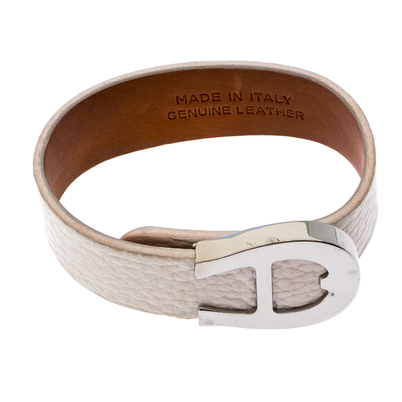 Aigner Silver Tone White Leather Cybill Wide Bracelet