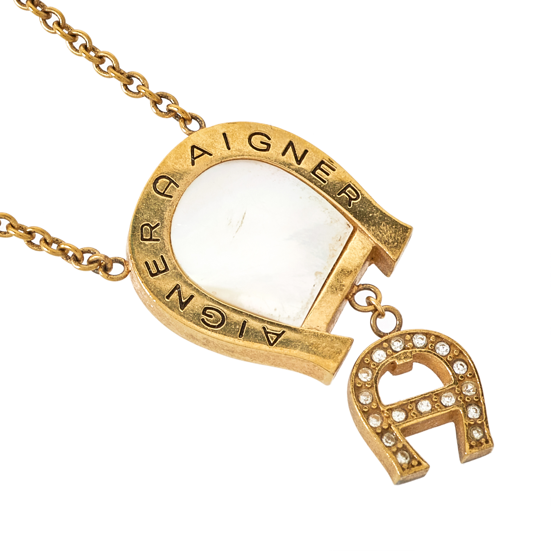 Aigner Gold Tone Mother Of Pearl Crystal Logo Pendant Necklace