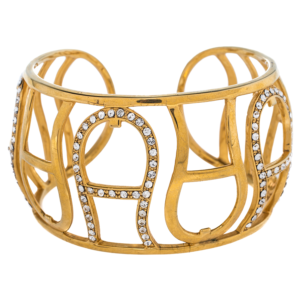 Aigner Gold Tone Crystal Logo Open Cuff Bracelet