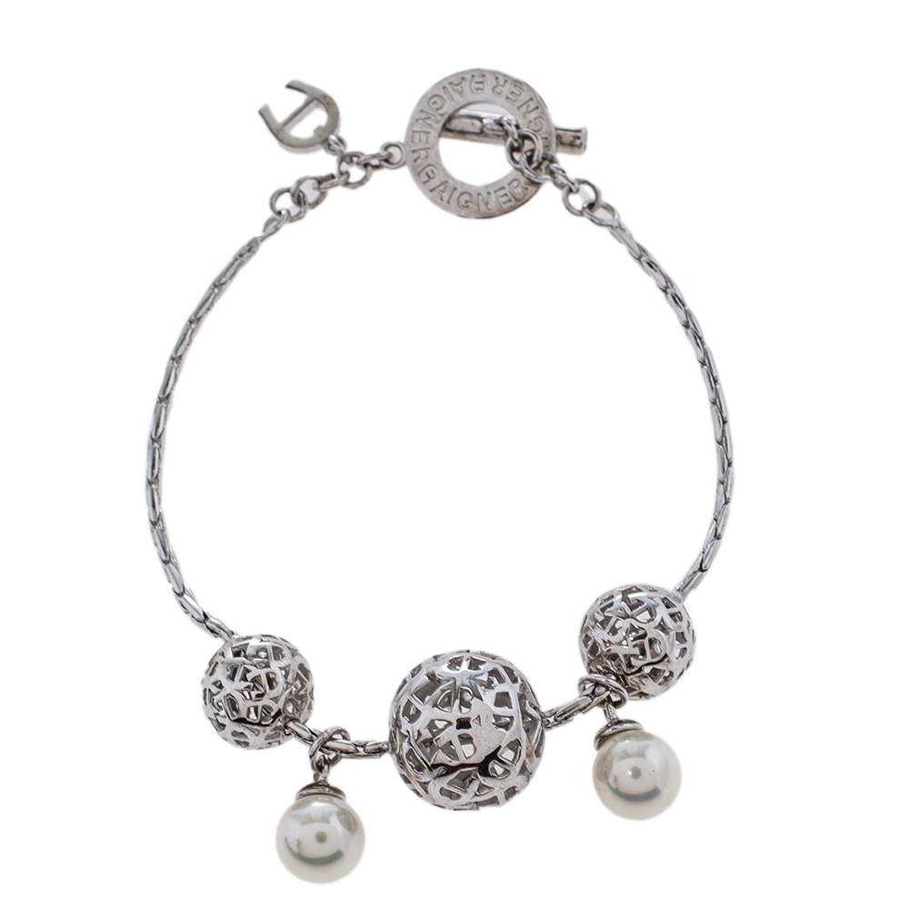 Aigner Silver Tone Logo Sphere Pearl Toggle Bracelet