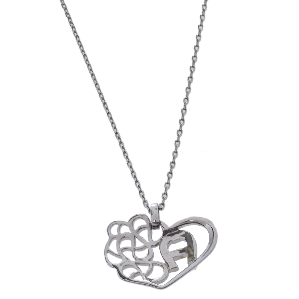 Aigner Silver Tone Crystal Logo Heart Pendant Necklace