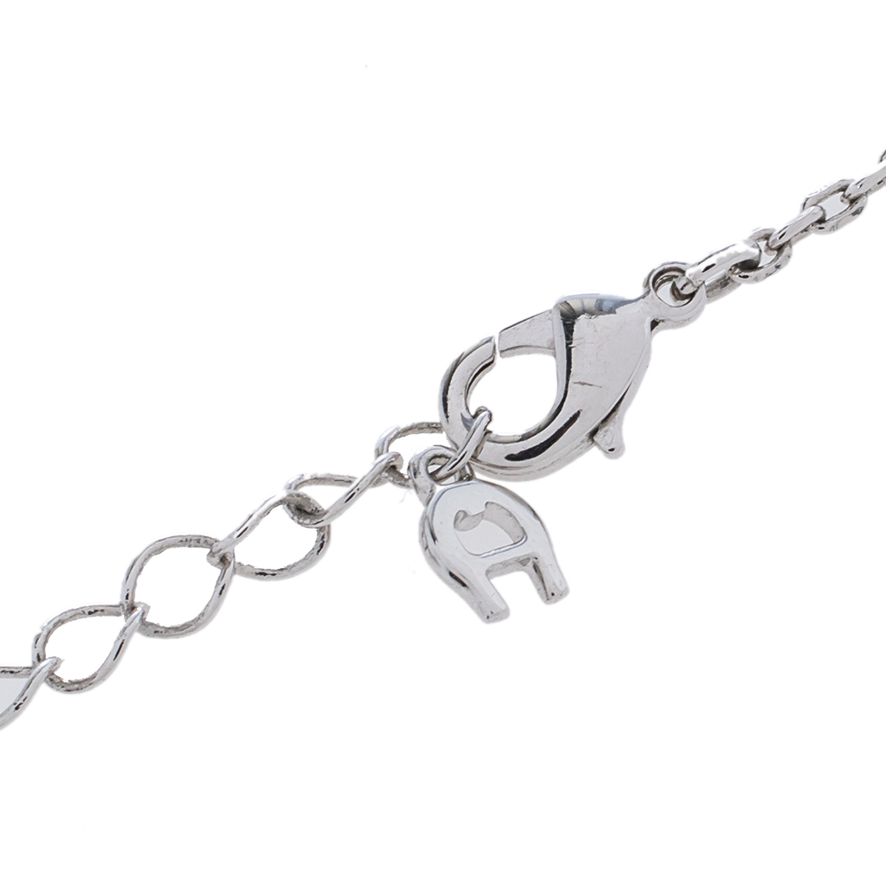 Aigner Silver Tone Crystal Logo Heart Pendant Necklace