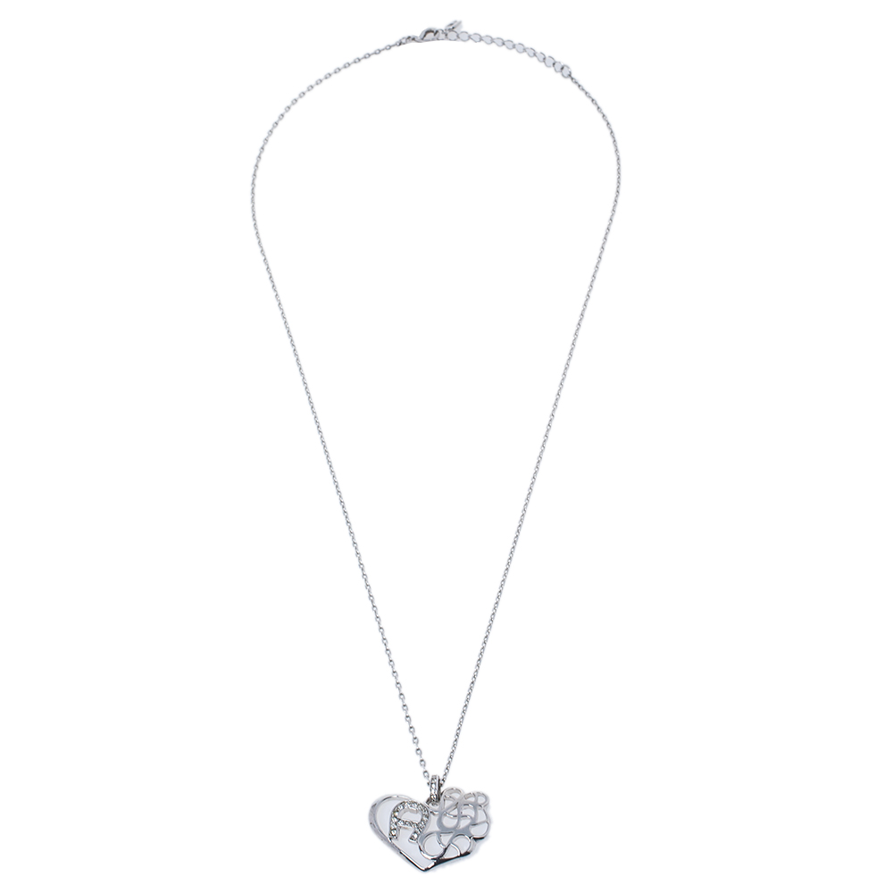 Aigner Silver Tone Crystal Logo Heart Pendant Necklace