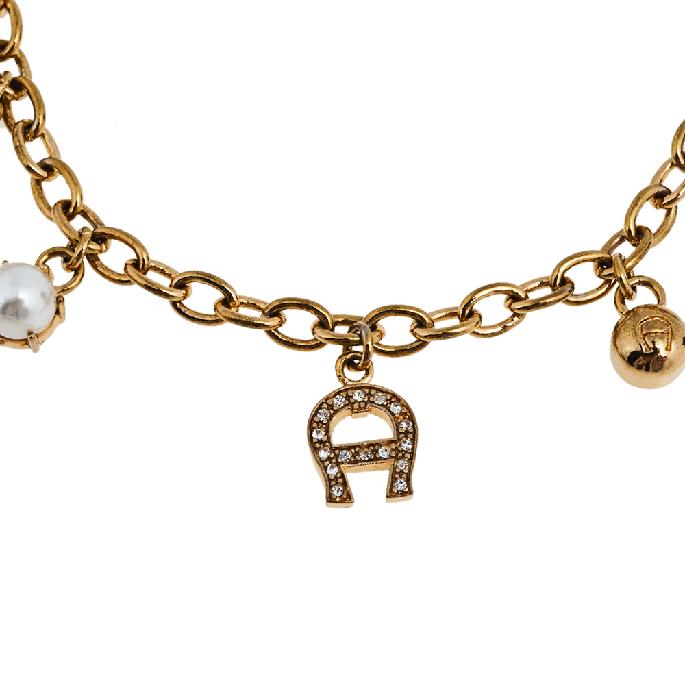 Aigner Gold Tone Faux Pearl Charms Bracelet