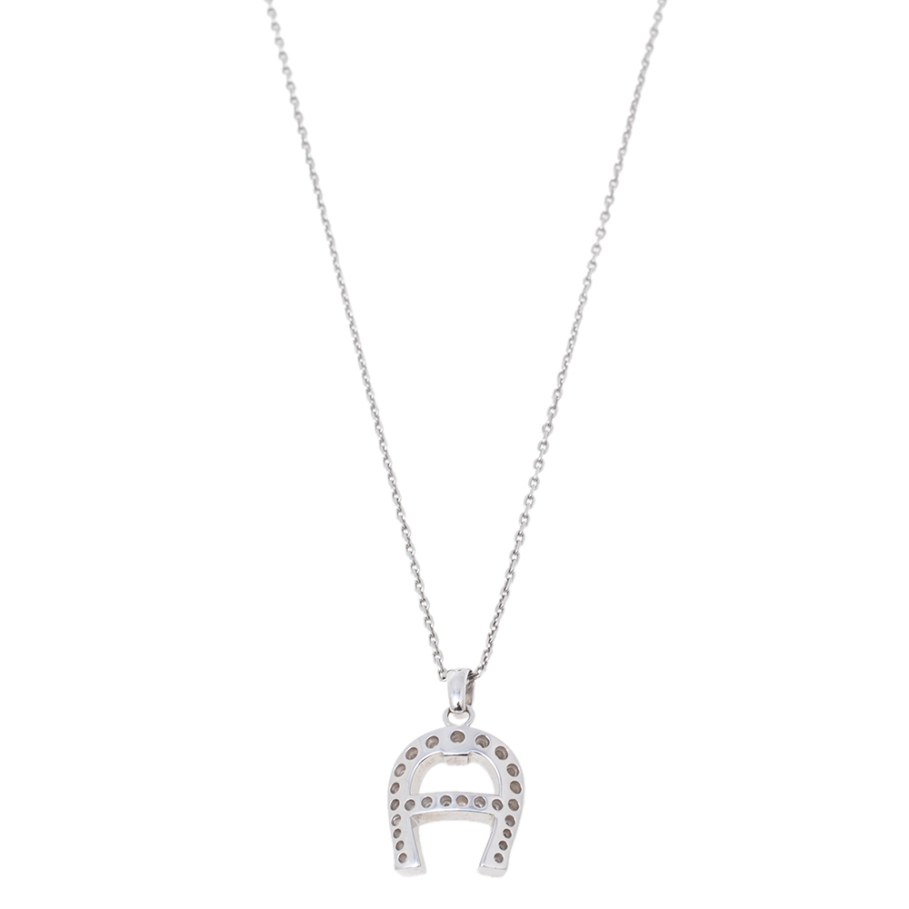 Aigner Silver Tone Crystal Logo Pendant Necklace