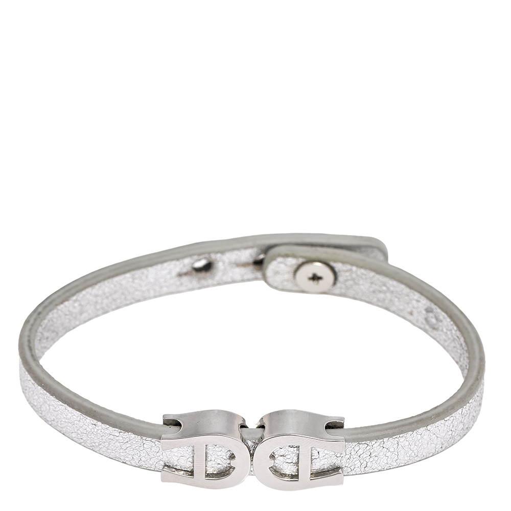 Aigner Silver Leather Silver Tone Logo Bracelet