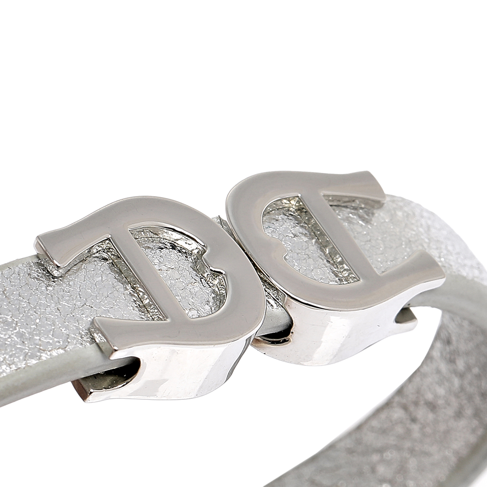 Aigner Silver Leather Silver Tone Logo Bracelet