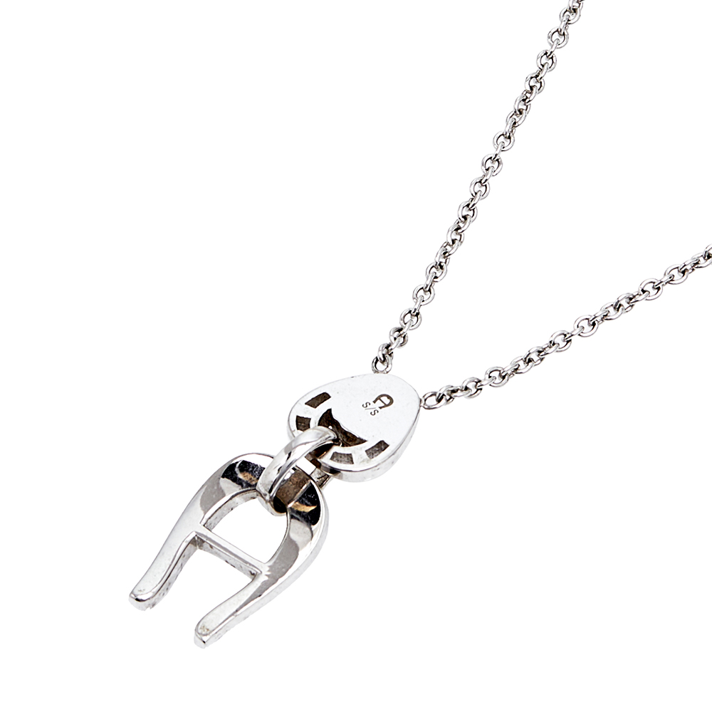Aigner Silver Tone Crystal Logo Drop Pendant Necklace