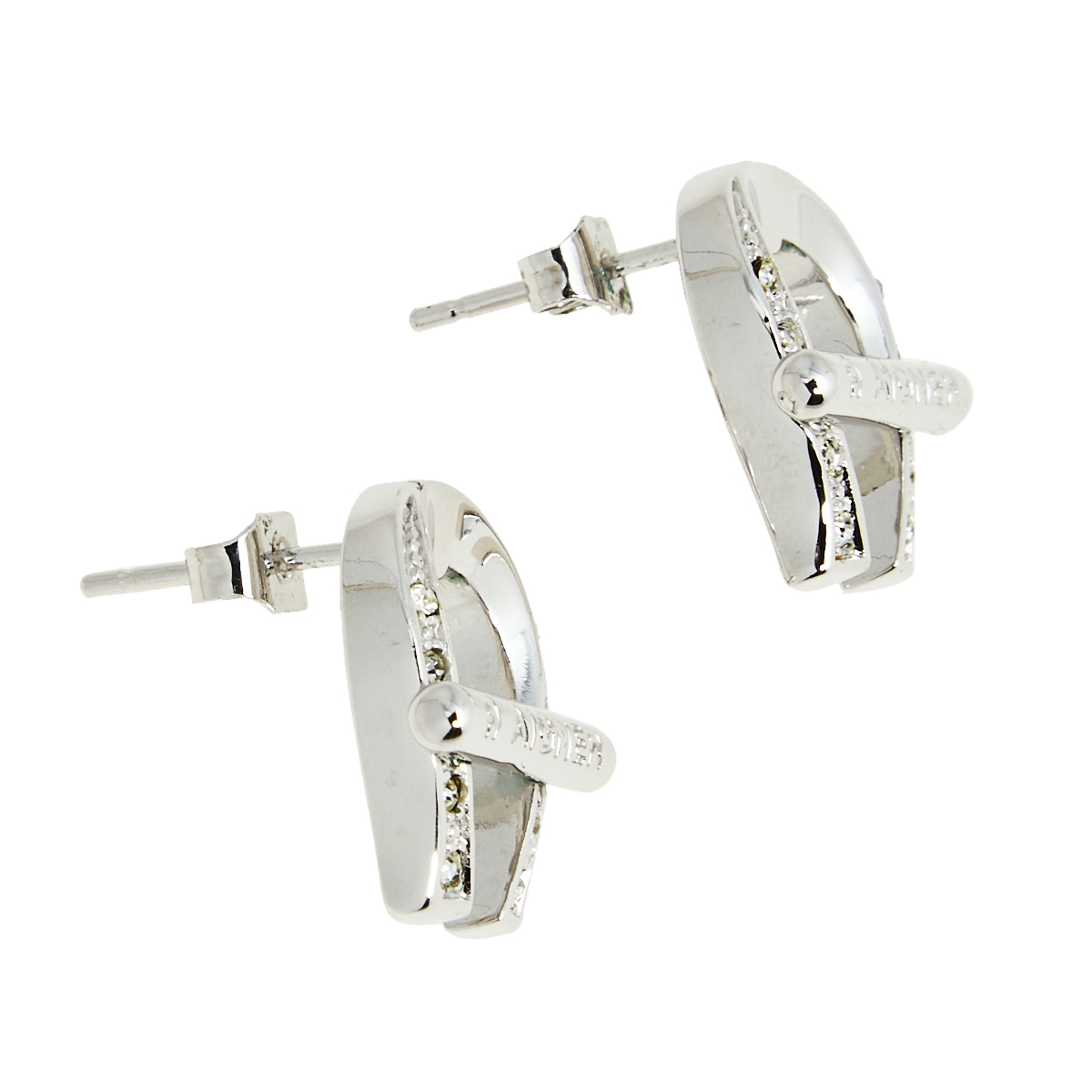 Aigner Silver Tone Crystal Logo Stud Earrings