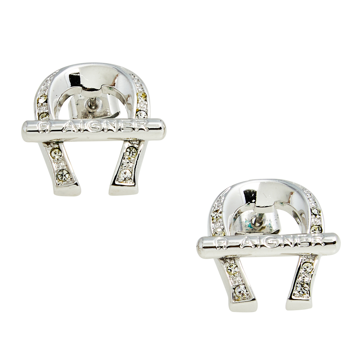 Aigner Silver Tone Crystal Logo Stud Earrings