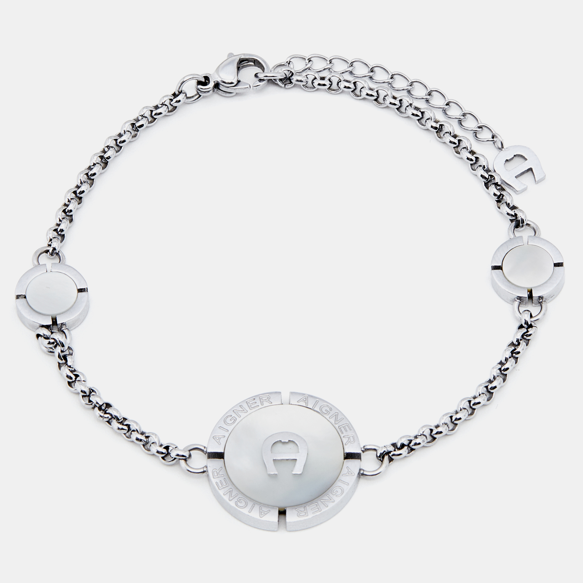 Aigner Silver Tone Mother Of Pearl Logo Bracelet