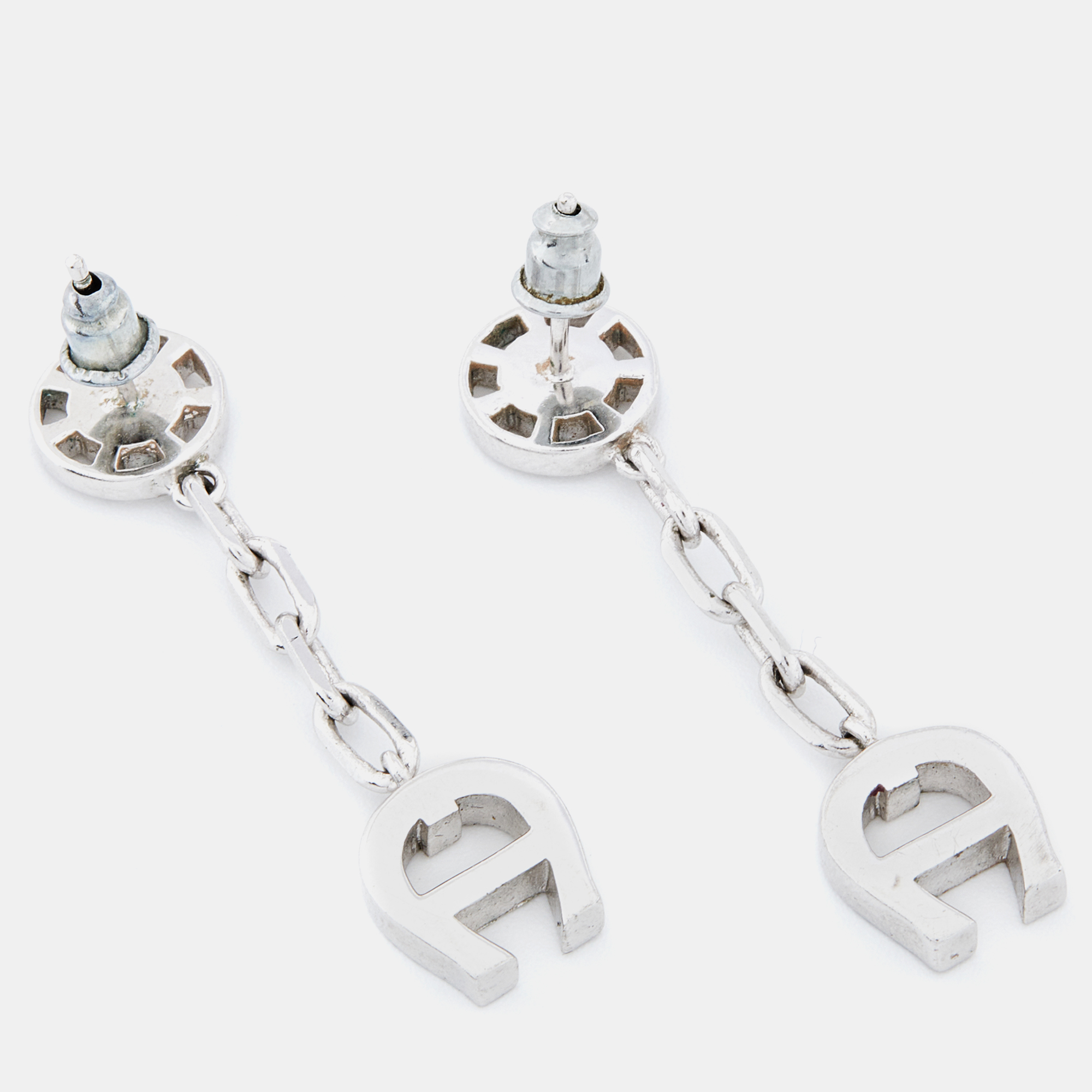 Aigner Silver Tone Crystal Logo Drop Earrings