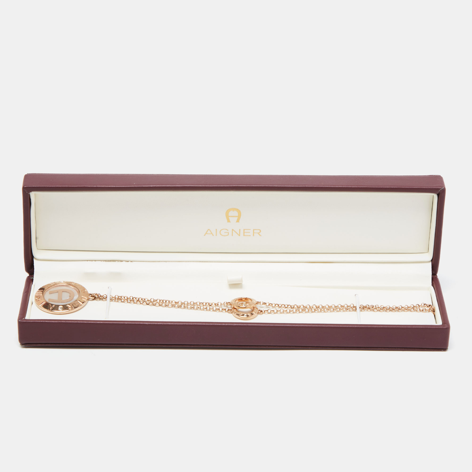 Aigner Mother Of Pearl Crystals Gold Tone Long Chain Necklace