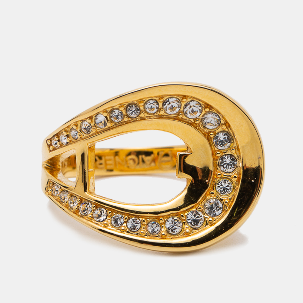 Aigner Gold Tone Crystal Embellished Cocktail Ring Size EU 54