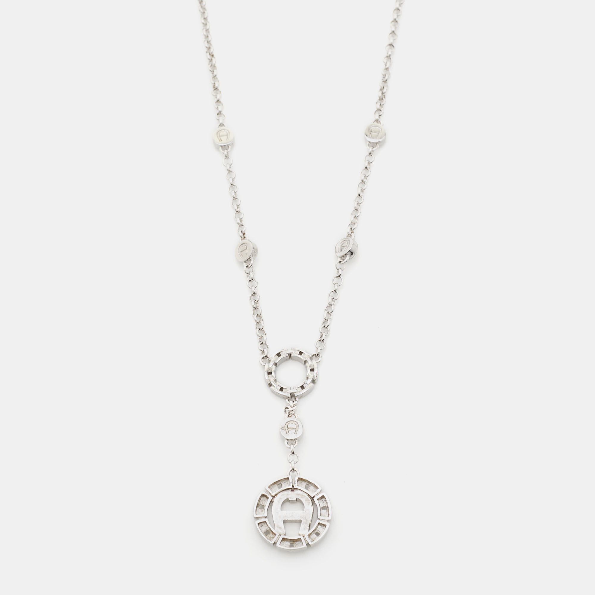 Aigner Silver Tone Chain Link Crystal Pendant Necklace