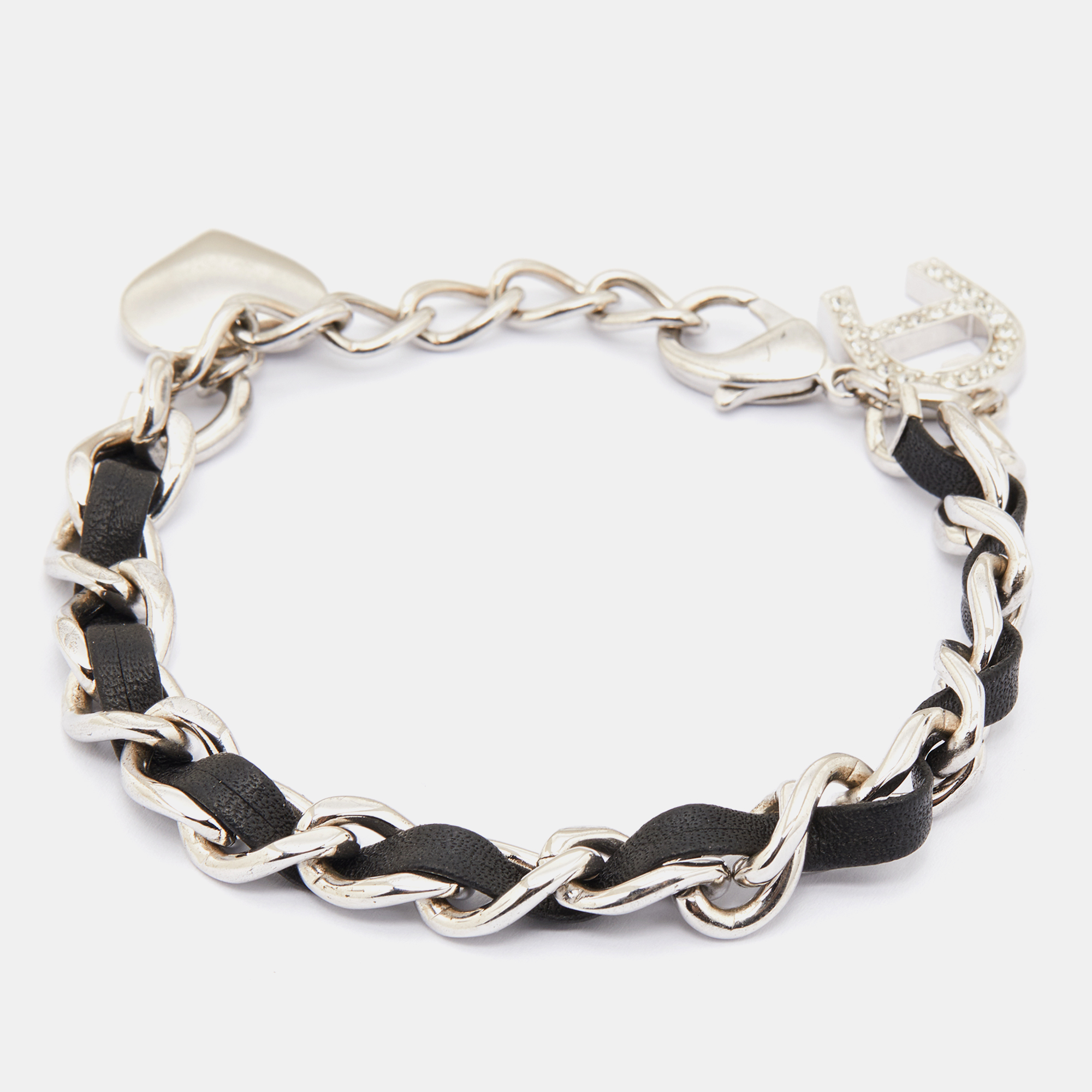 Aigner Black Leather & Silver Tone Metal Chain Bracelet