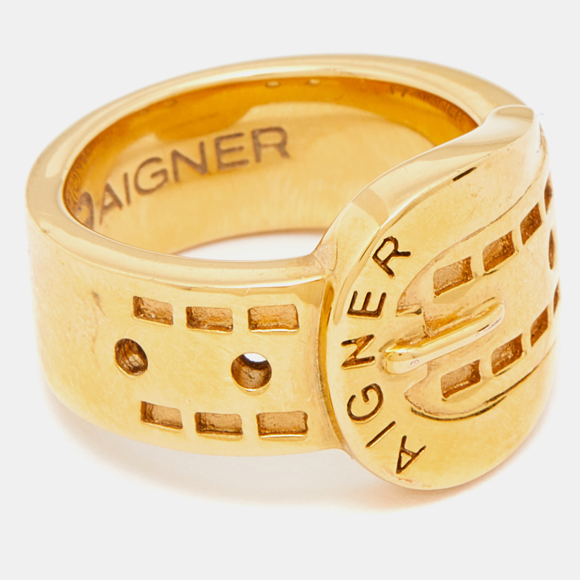 Aigner Gold Tone Belt Buckle Band Ring Size 53