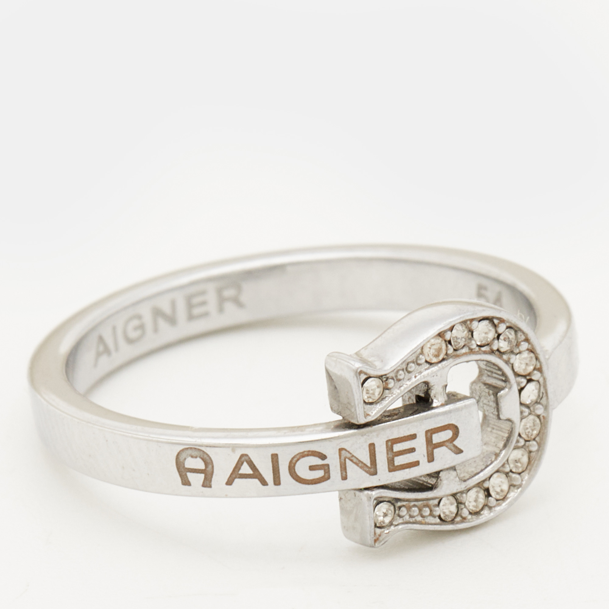 Aigner Crystals Silver Tone Ring Size 53