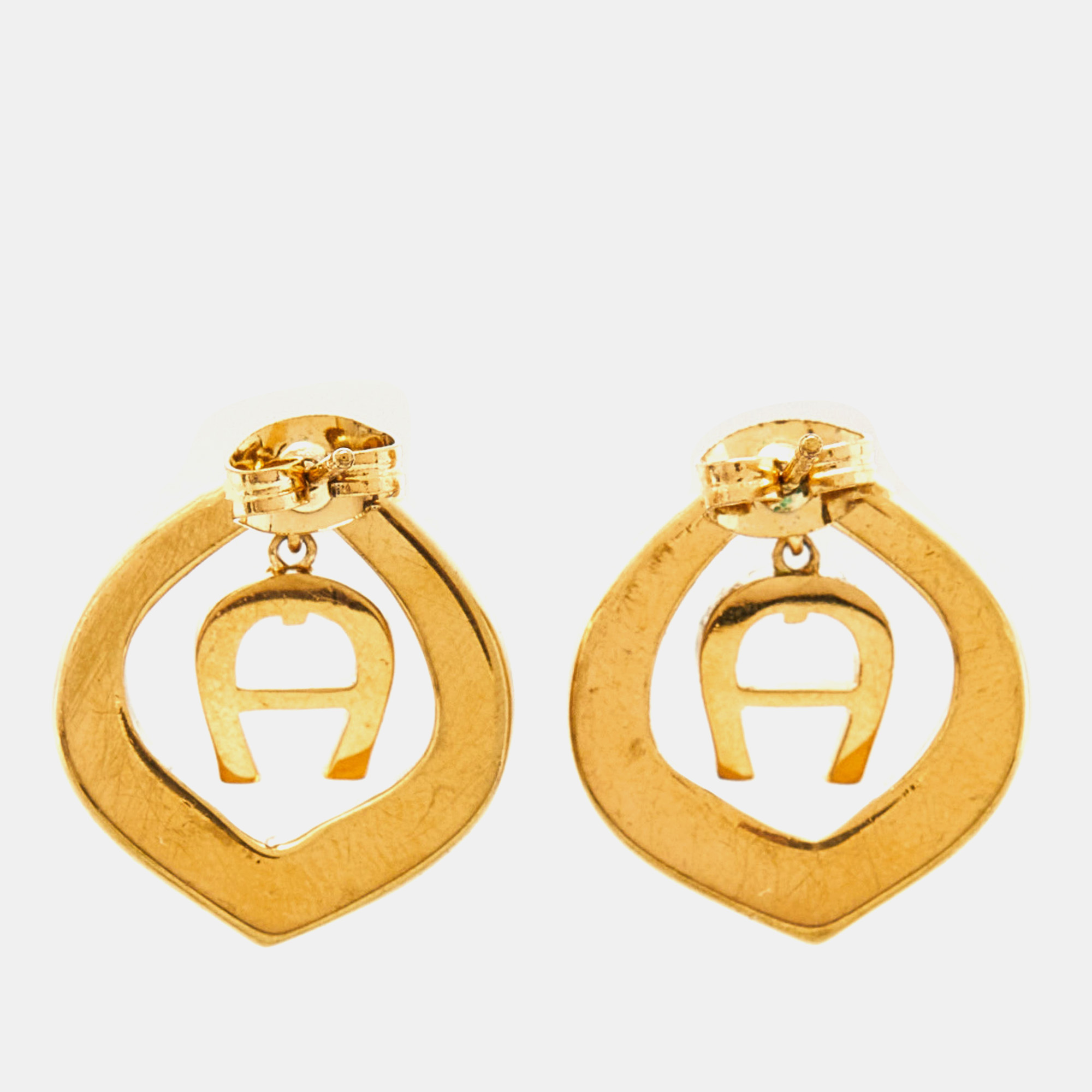 Aigner Gold Tone Logo Crystal Detail Stud Earrings