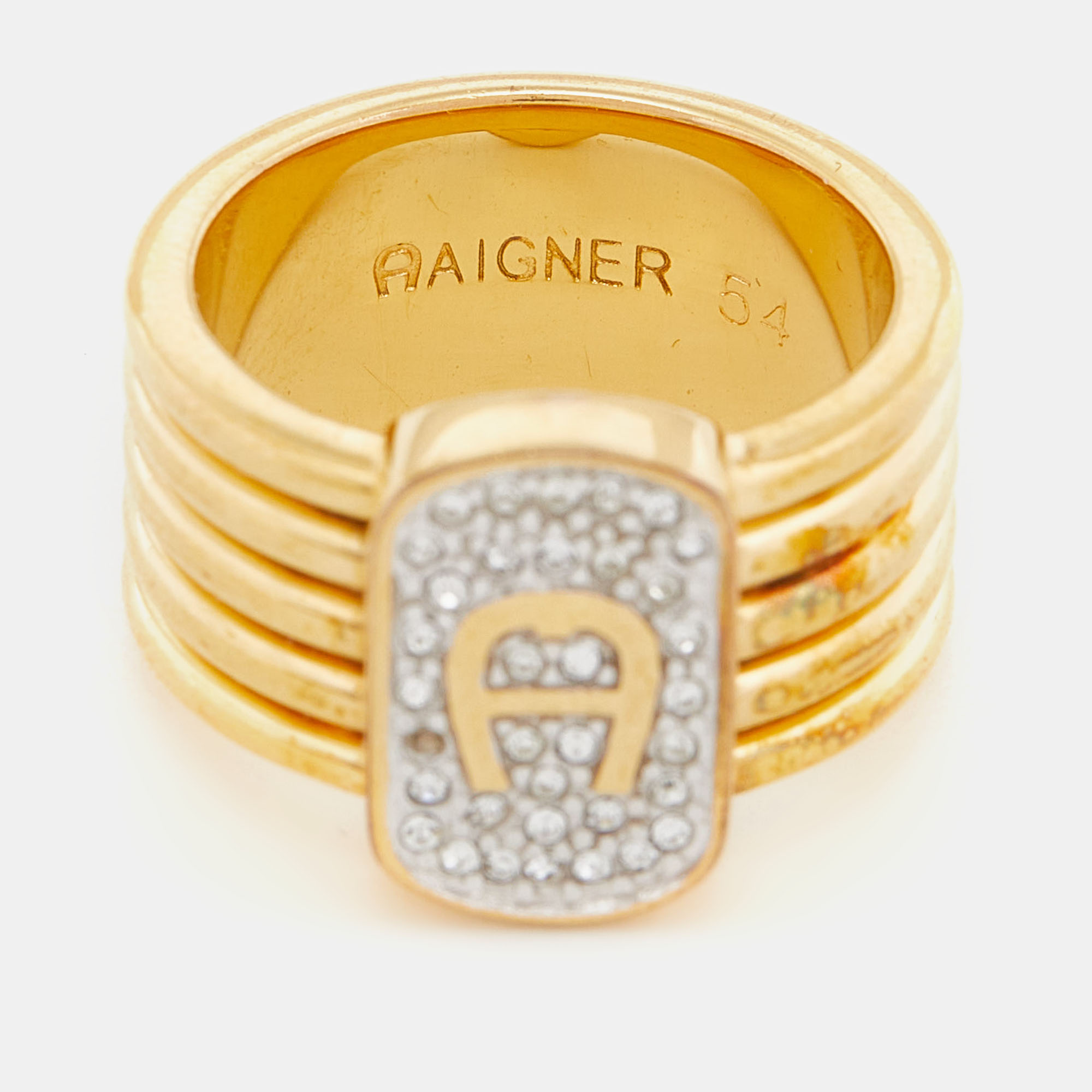 Aigner Gold Tone Crystal Logo Band Ring Size EU 54