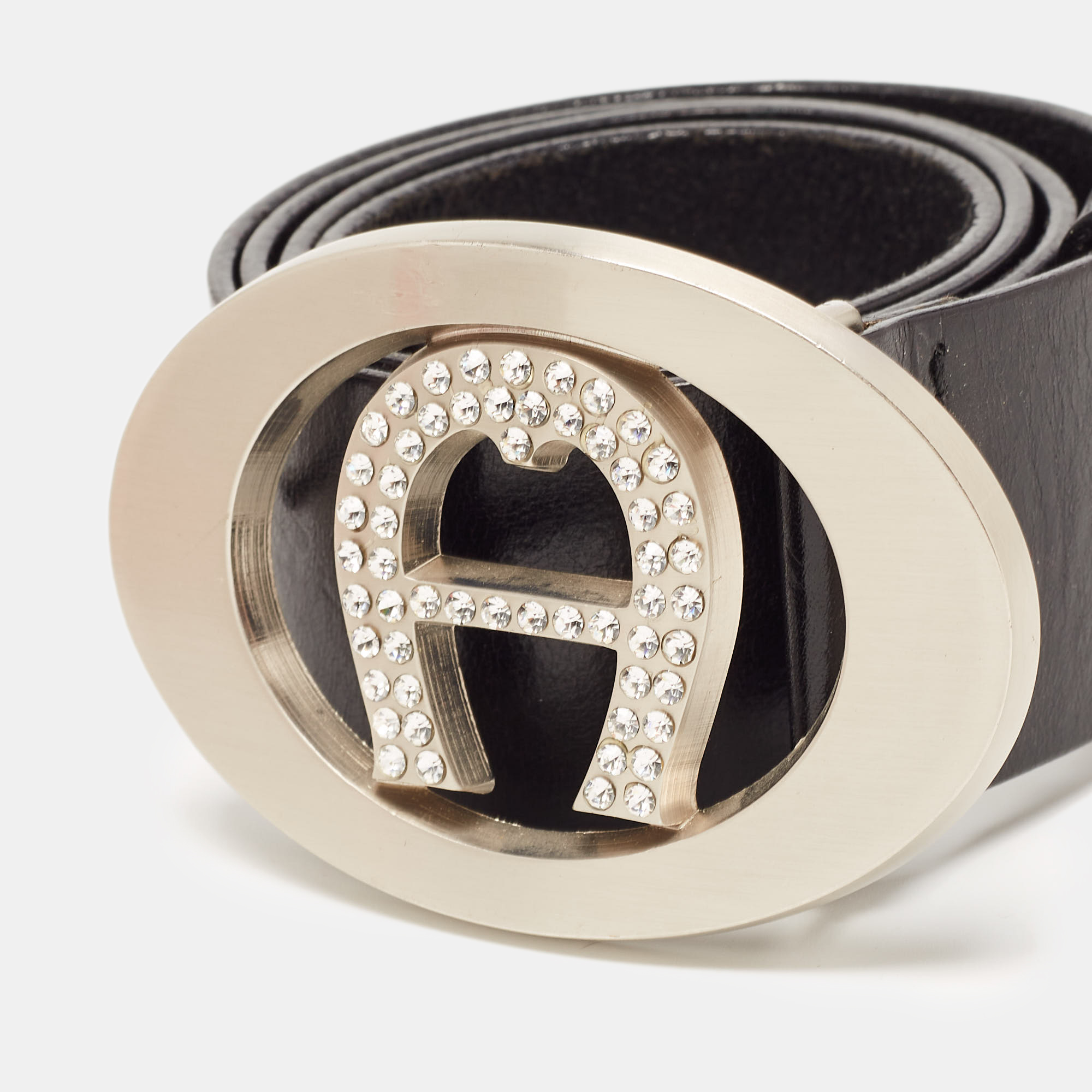 Aigner Black Leather Crystal Embellished Logo Belt 90CM