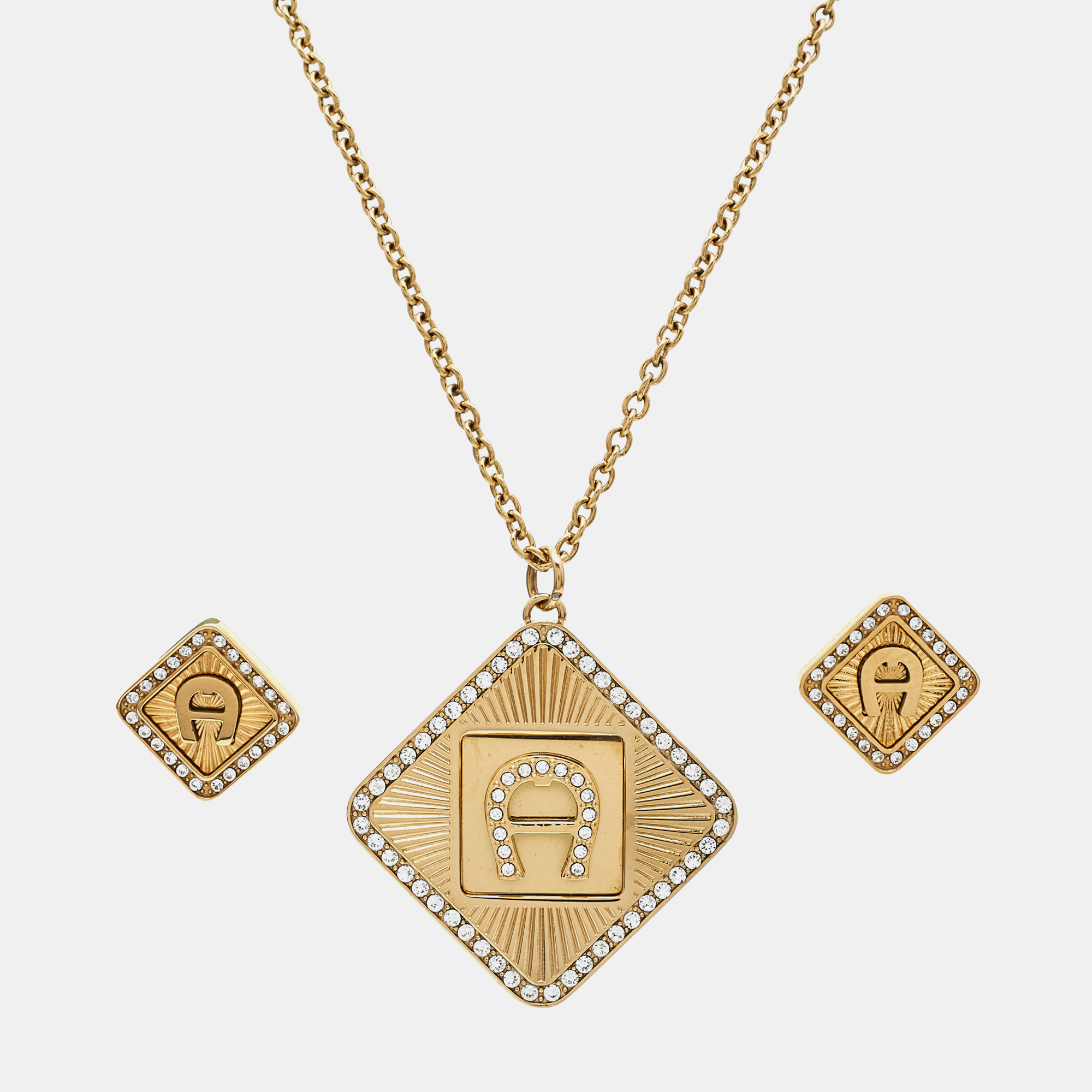 Aigner Crystal Charm Logo Gold Plated Necklace Bracelet & Earrings Set