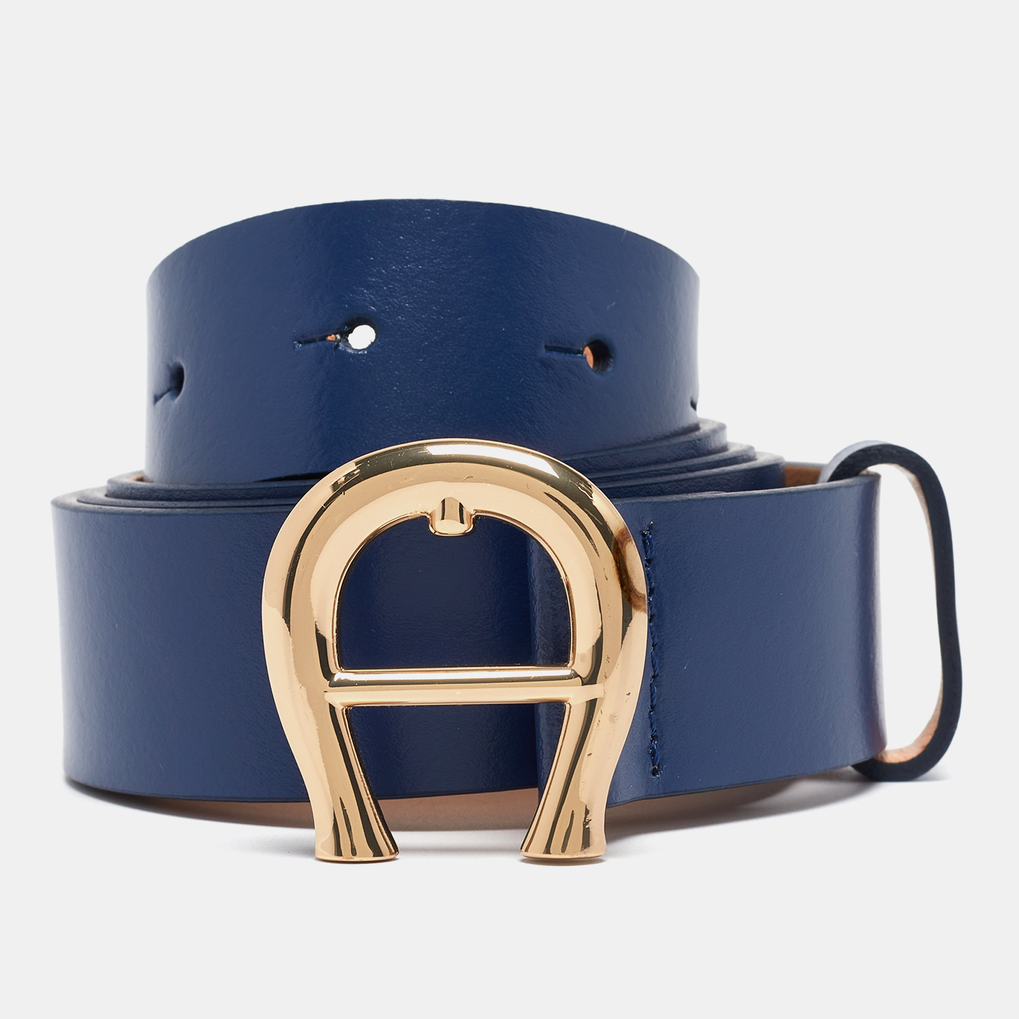 Aigner blue leather logo buckle belt 95cm
