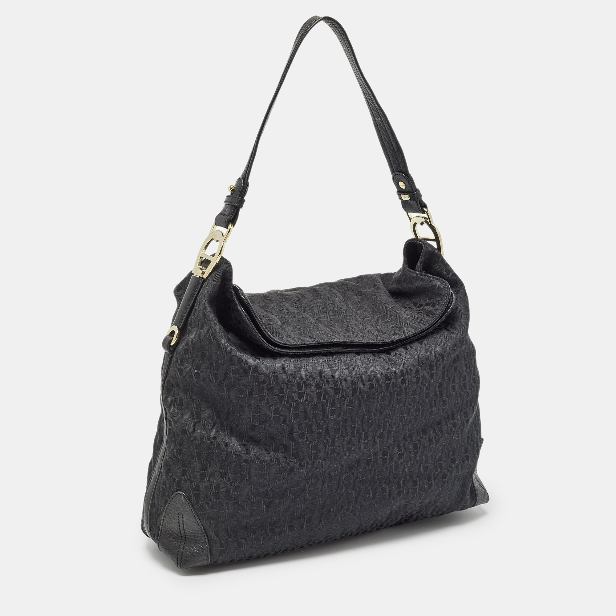 Aigner Black Monogram Canvas And Leather Logo Handle Hobo