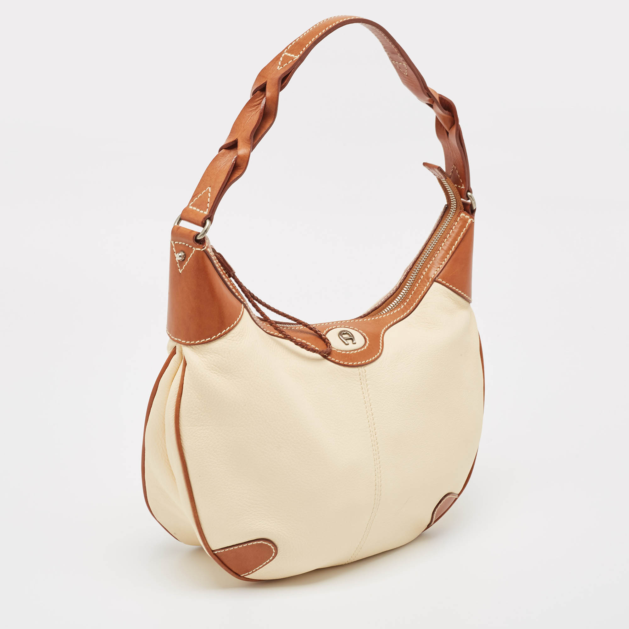 Aigner Brown/Off White Leather Logo Hobo