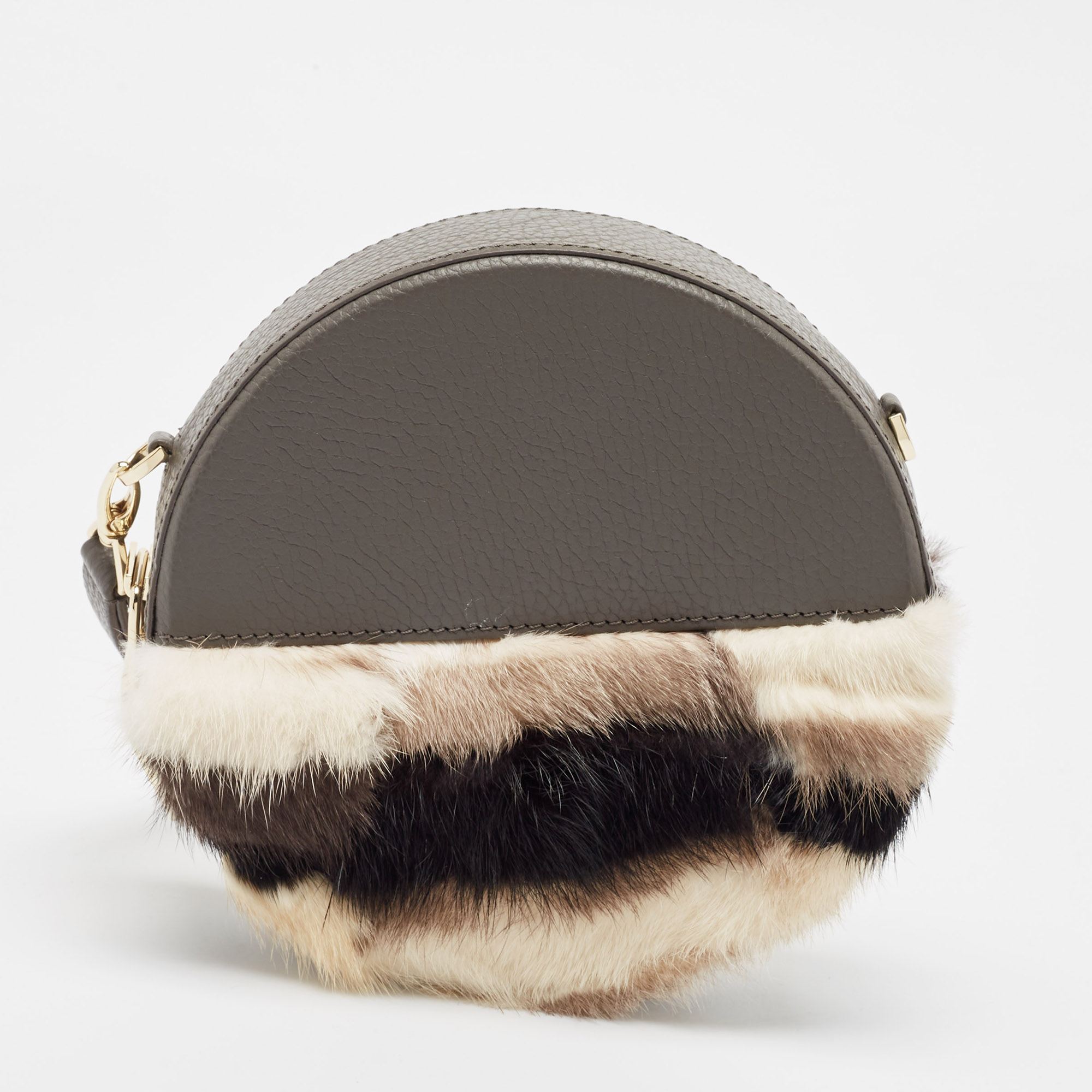 Aigner Grey Faux Fur And Leather Round Wristlet Clutch