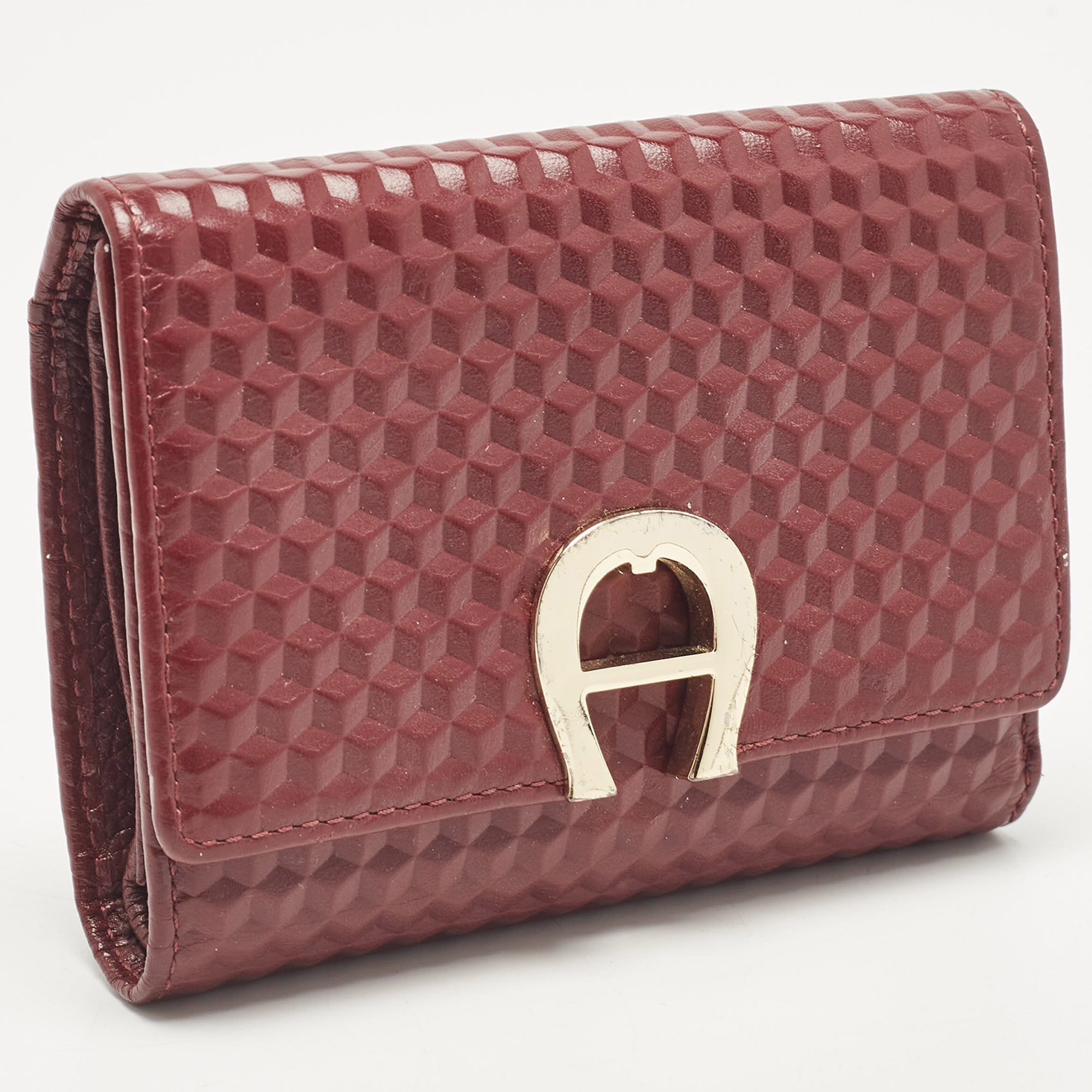 Aigner Burgundy Embossed Leather Genoveva Trifold Compact Wallet