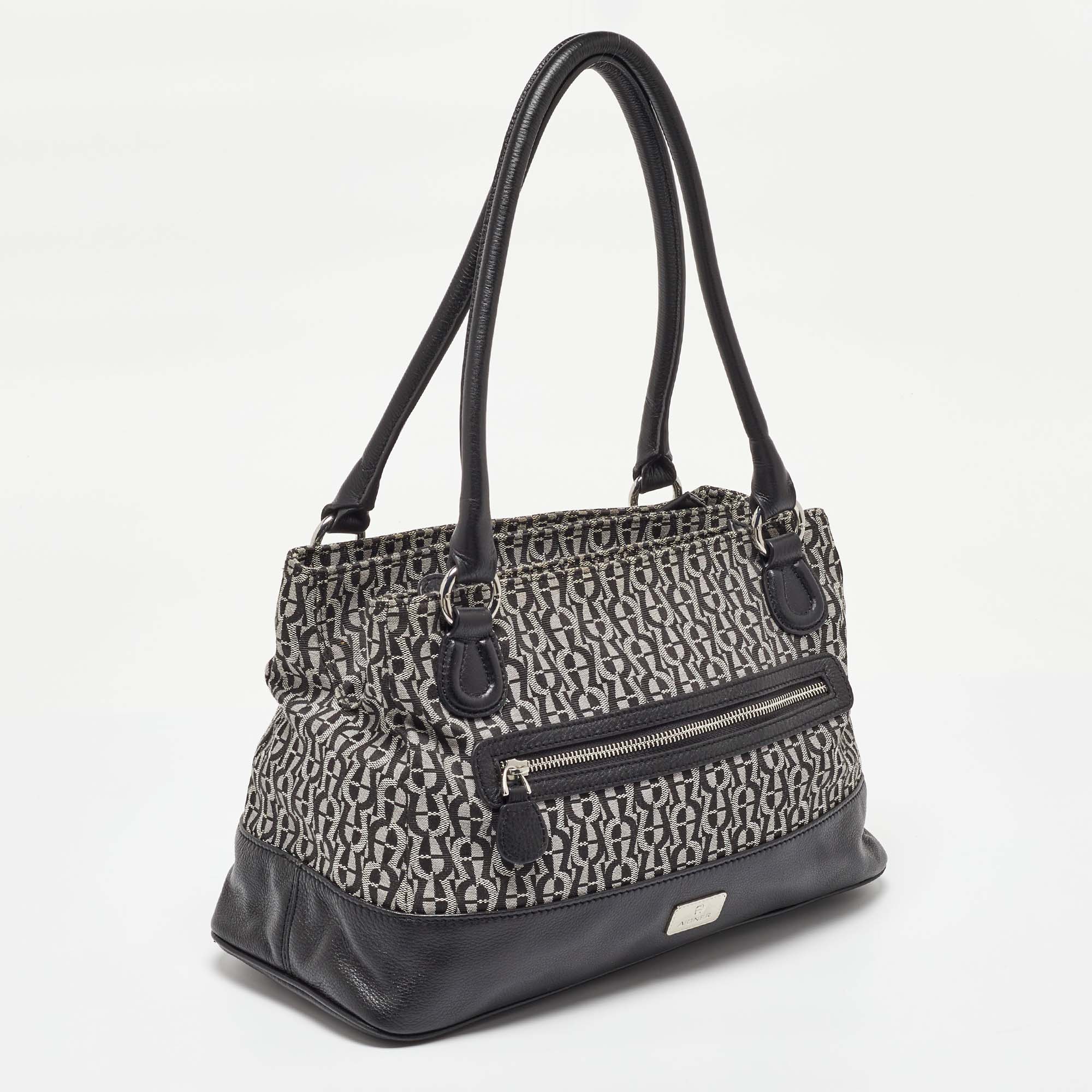 Aigner Black/White Signature Canvas And Leather Logo Tote