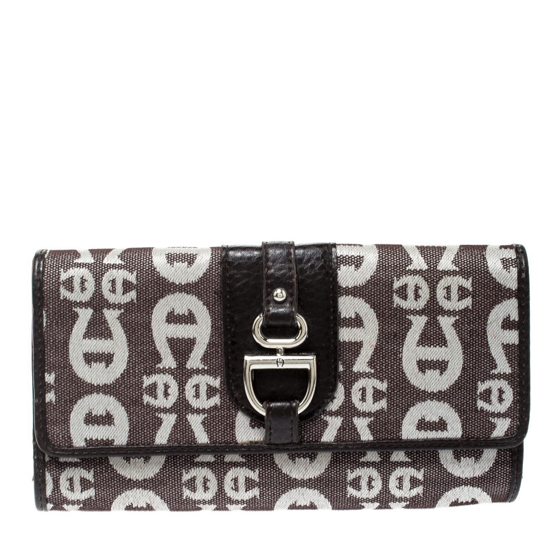 Image of Aigner Brown/White Signature Canvas Continental Flap Wallet