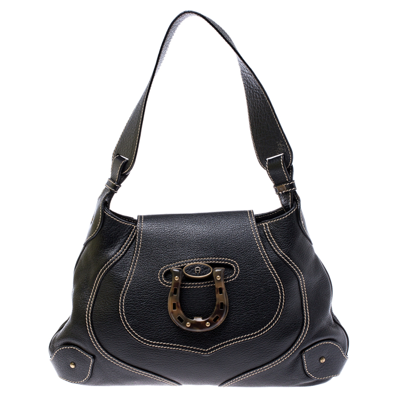 Image of Aigner Black Leather Flap Shoulder Bag
