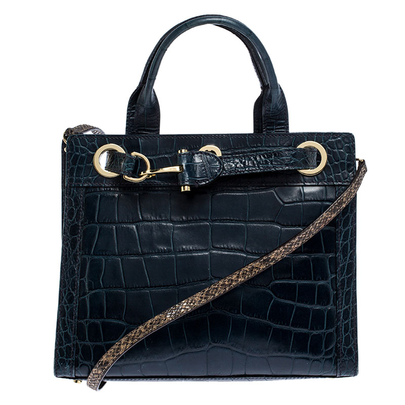 Image of Aigner Blue Crocodile Embossed Leather Cavallina Top Handle