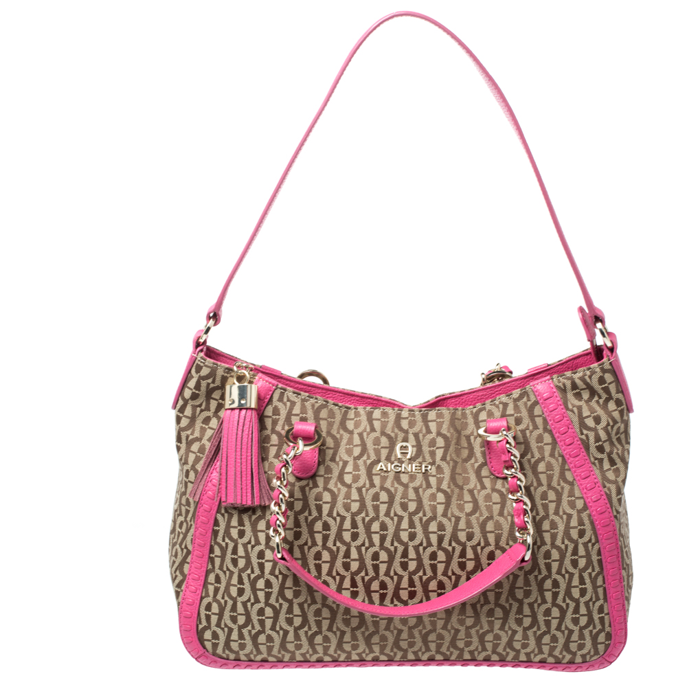Image of Aigner Pink/Beige Signature Canvas and Leather Tassel Shoulder Bag