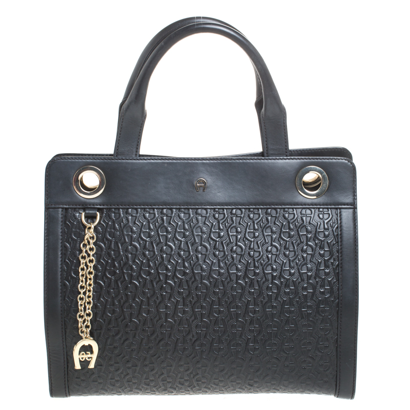 Image of Aigner Black Leather Cavallina Top Handle Bag