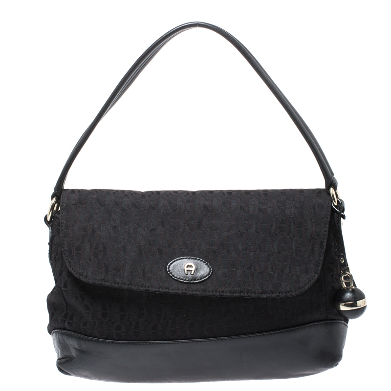Image of Aigner Black Canvas and Leather Flap Satchel