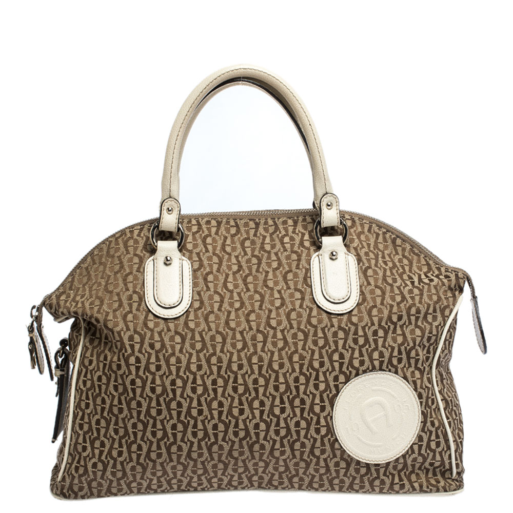 Image of Aigner Beige/Cream Signature Canvas and Leather Satchel